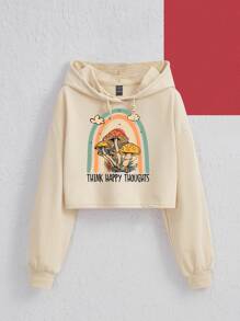 BUTTERFLY Áo hoodie croptop hở vai có dây rút họa tiết nấm và khẩu hiệu của nghệ sĩ, quần áo mùa thu cho nữ, dành cho mùa thu và đông - Màu be - Xem 1