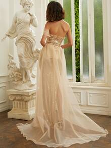 Missord Mesh Panel Split Thigh Sequin Formal Dress - Gold - View 2