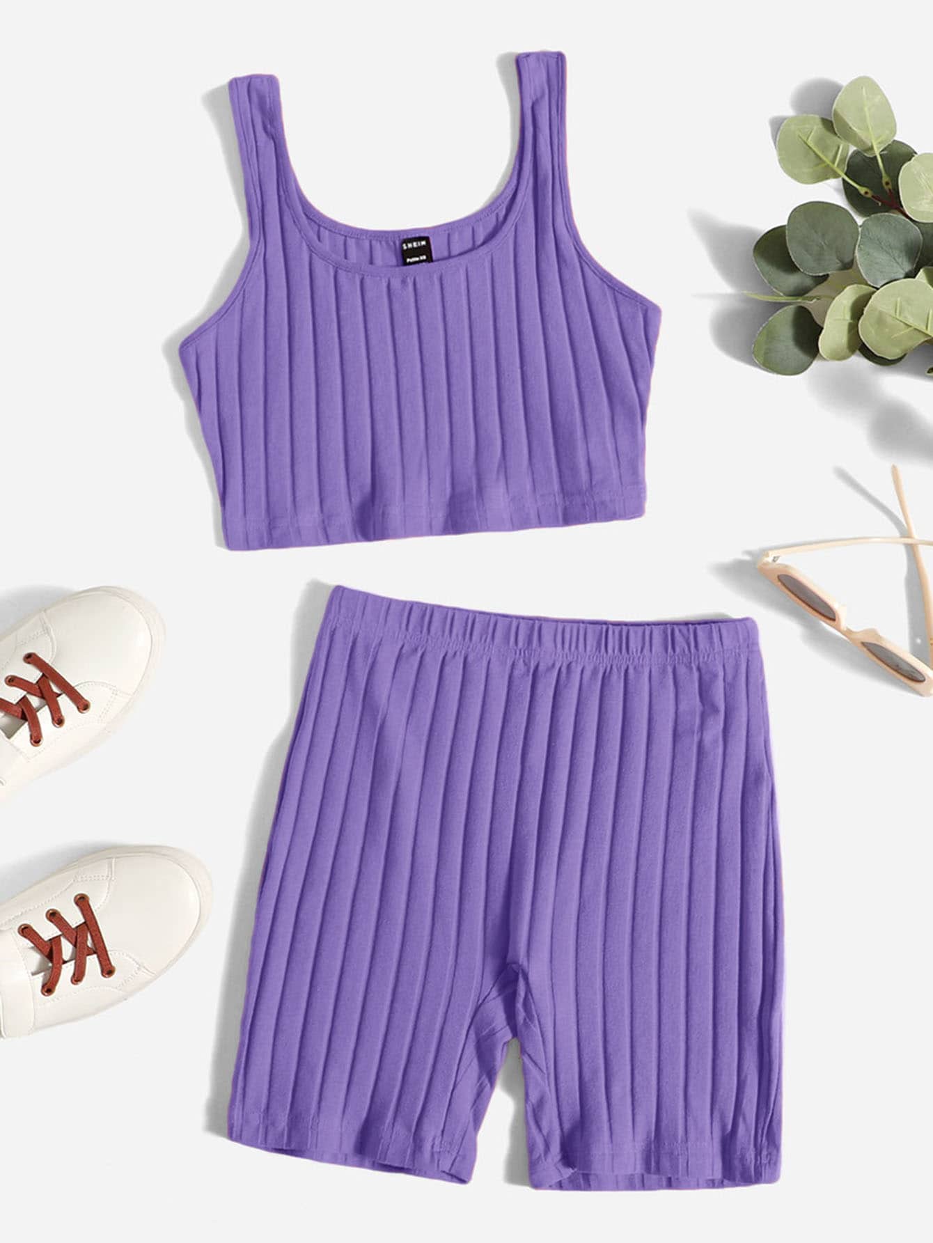 SHEIN PETITE Bộ đồ hai mảnh nữ Gân đan màu trơn Giải trí - Màu tím  Violet - Xem 1