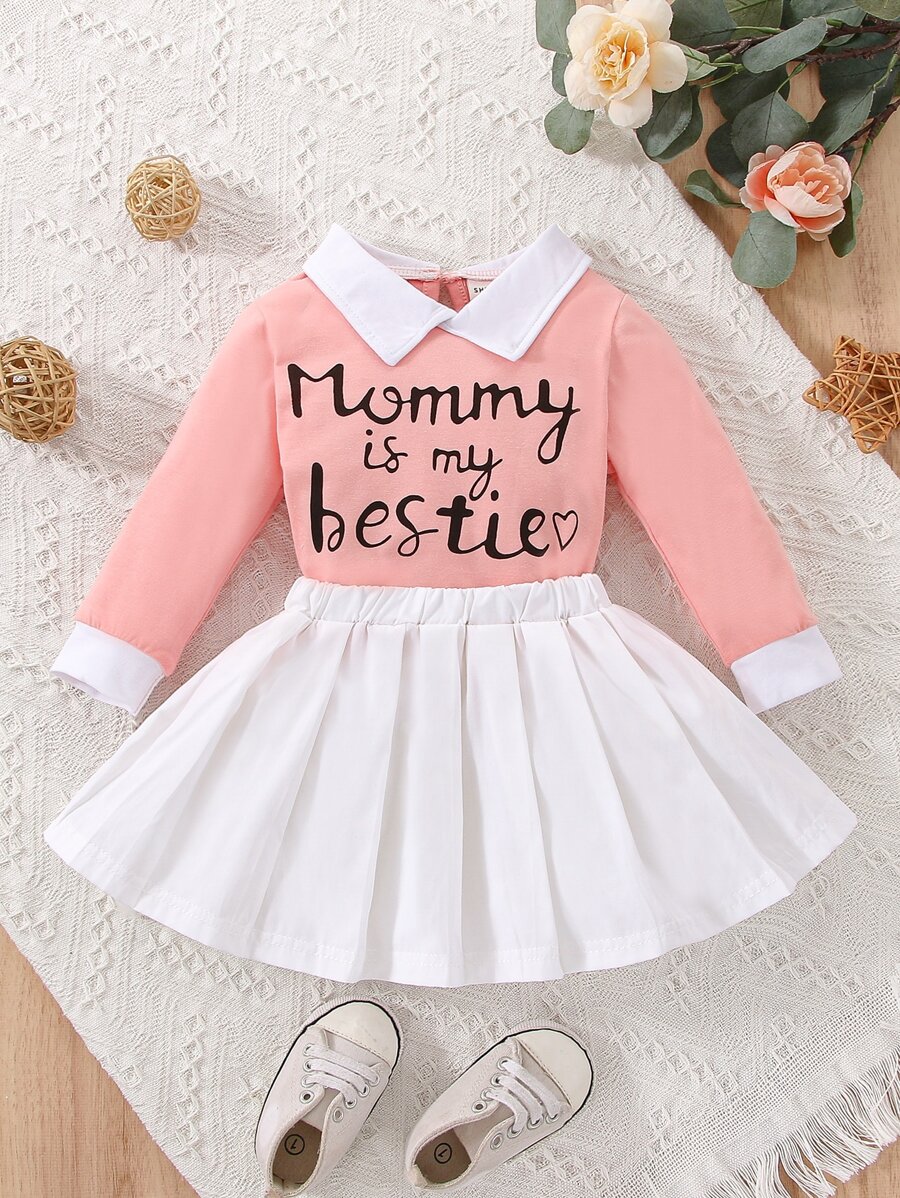 嬰兒女孩標語圖形對比領t恤和百褶裙 - 彩色 - 查看 1