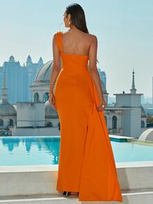 Missord Asymmetrical Neck Ruched Split Thigh Dress Elegant Formal Evening Prom Wedding Guest Gown, For Graduation, Dinner Party Dress - Orange - View 2