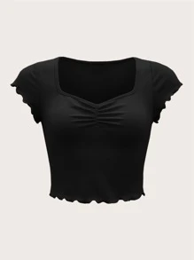 SHEIN EZwear 褶邊雞心領口木耳邊T恤 - 黑色 - 查看 1