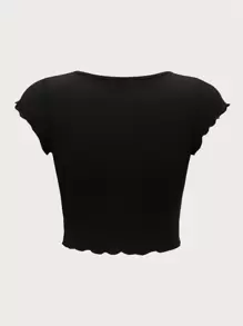 SHEIN EZwear 褶邊雞心領口木耳邊T恤 - 黑色 - 查看 2