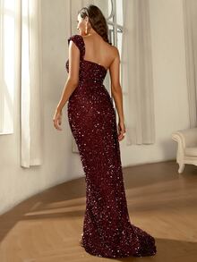 Missord One Shoulder Draped Side Split Thigh Sequin Formal Dress - Maroon - View 3