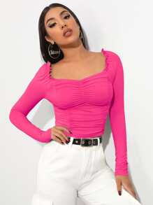 SHEIN Privé Áo thun nữ viền lá sen Xù màu trơn Giải trí - Màu Hồng Tươi - Xem 5