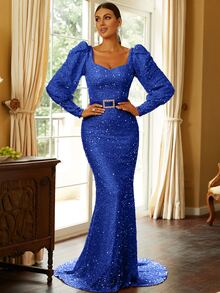 Missord 雞心領口燈籠袖水鑽細節魚尾裙下擺亮片正式洋裝 - 寶藍色 - 查看 8