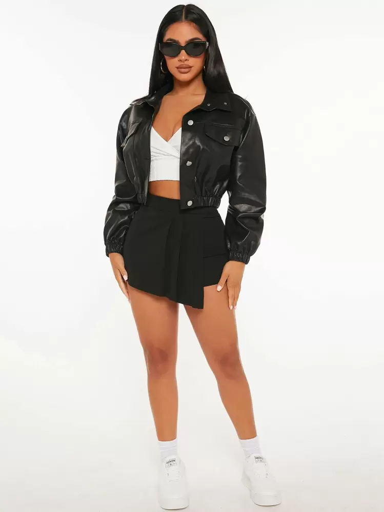 SHEIN PETITE フラップ付きクロップドPUレザージャケット ブラック