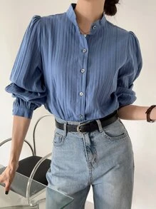 DAZY Áo sơ mi cổ bẻ tay phồng, Quần áo nữ mùa thu - Màu xanh bụi bặm - Xem 3