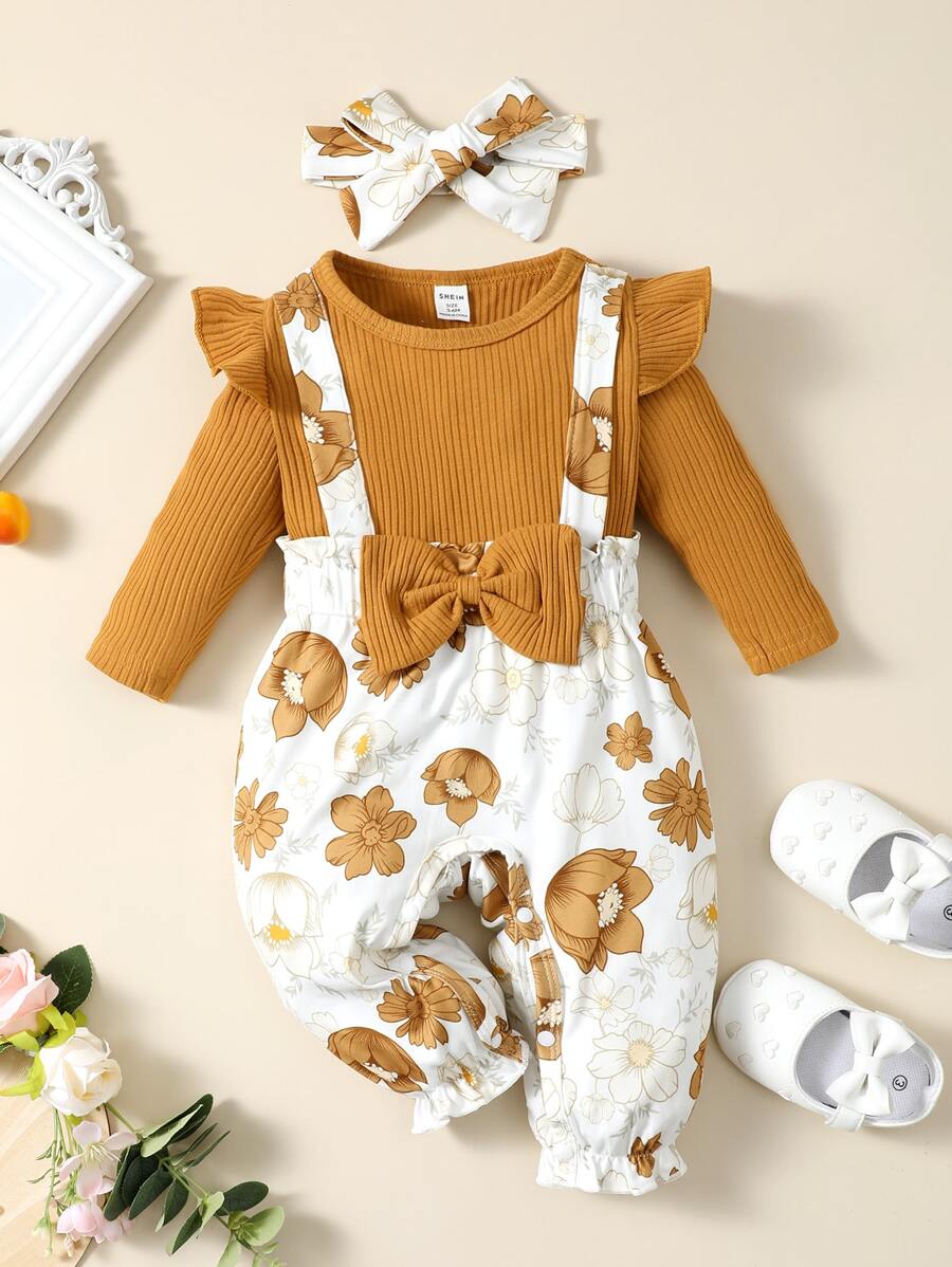 SHEIN Baby Girl Floral Print Ruffle Trim Bow Front Jumpsuit & Headband - Multicolor - View 1