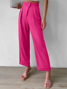 SHEIN Privé High Waist Plicated Detail Straight Leg Trousers - Hot Pink - View 4