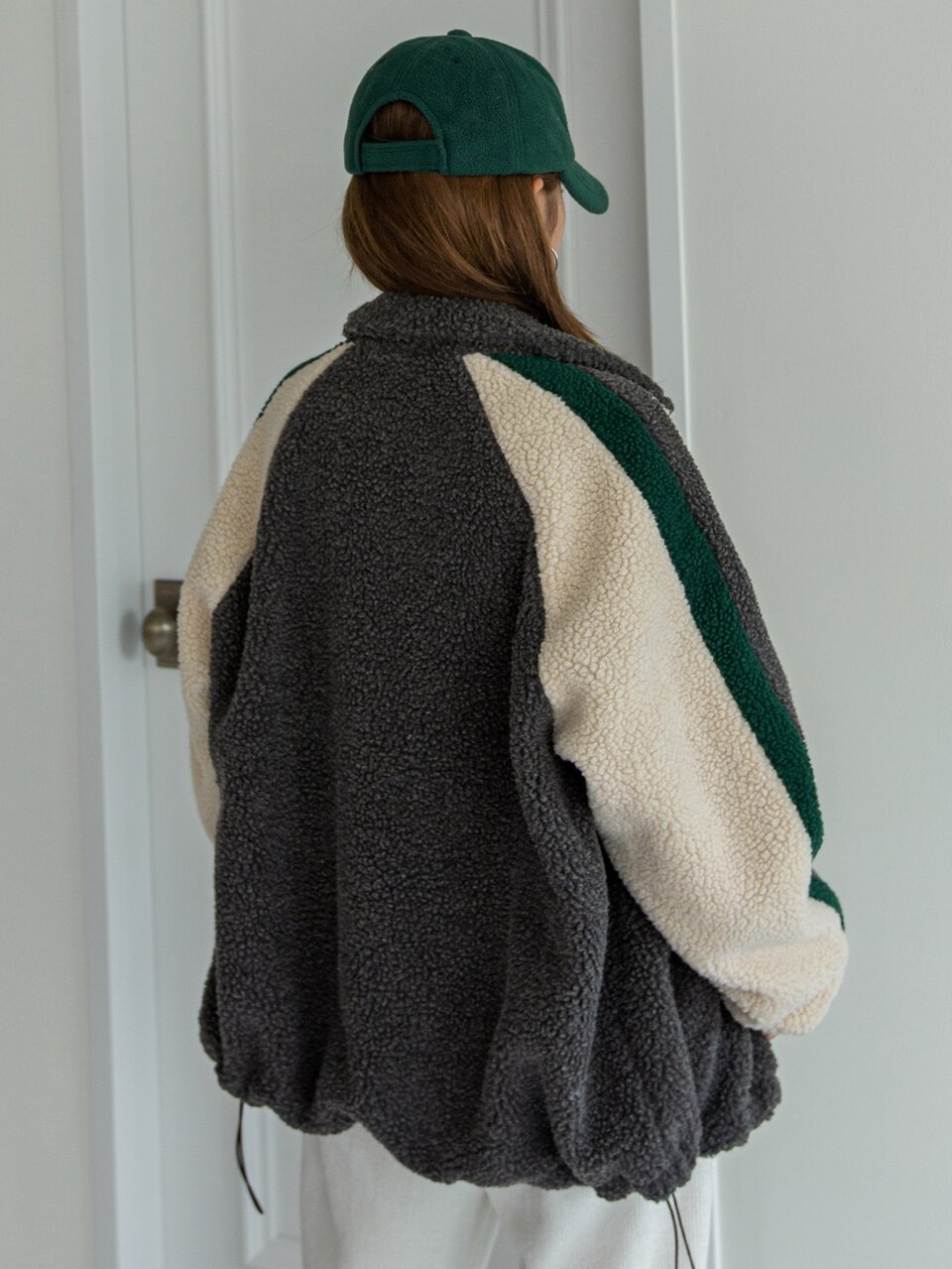Color Block Raglan Sleeve Drawstring Hem Teddy Jacket