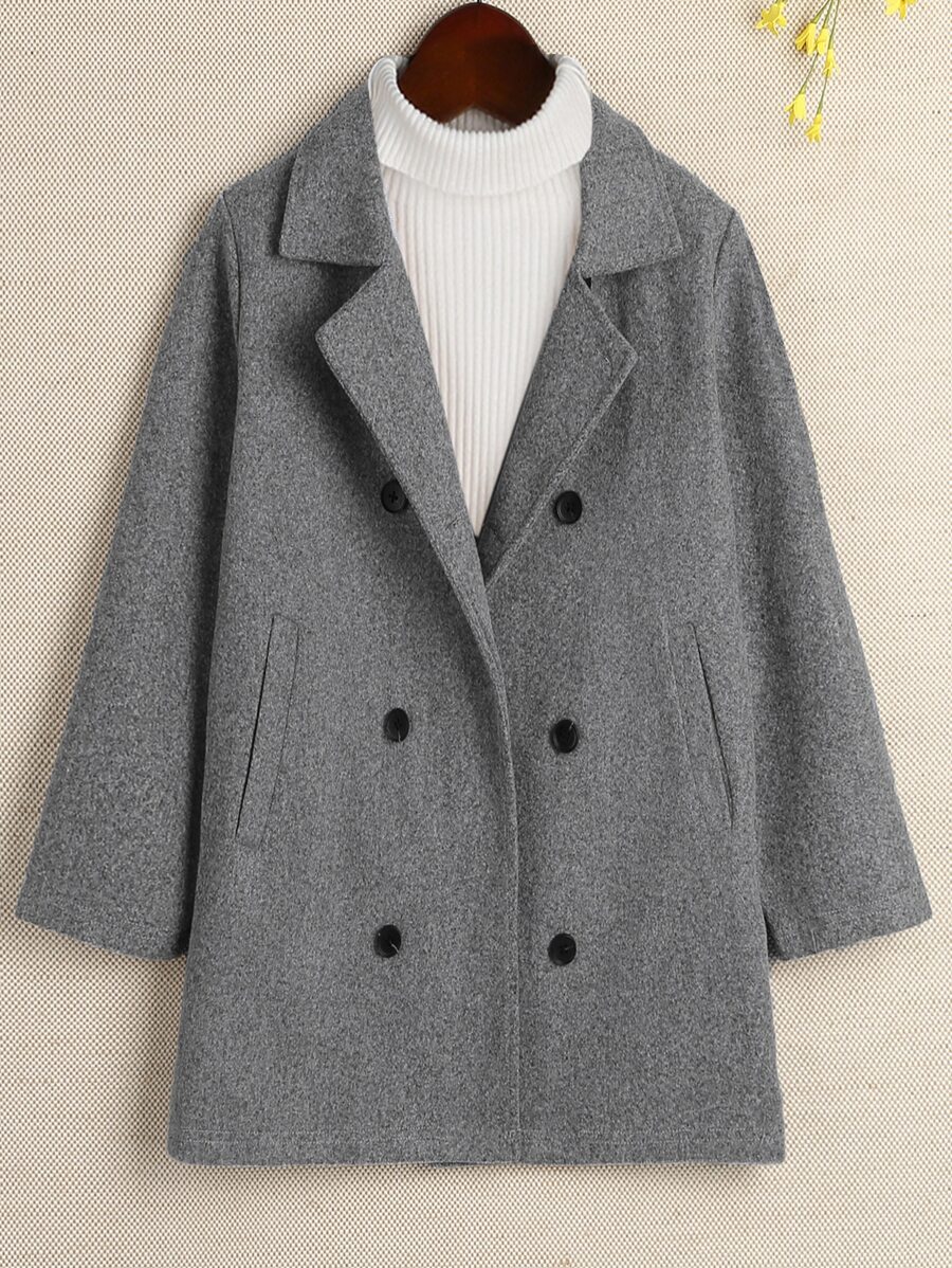 SHEIN 青少年男孩雙排釦口斜口袋大衣 - 灰色 - 查看 1