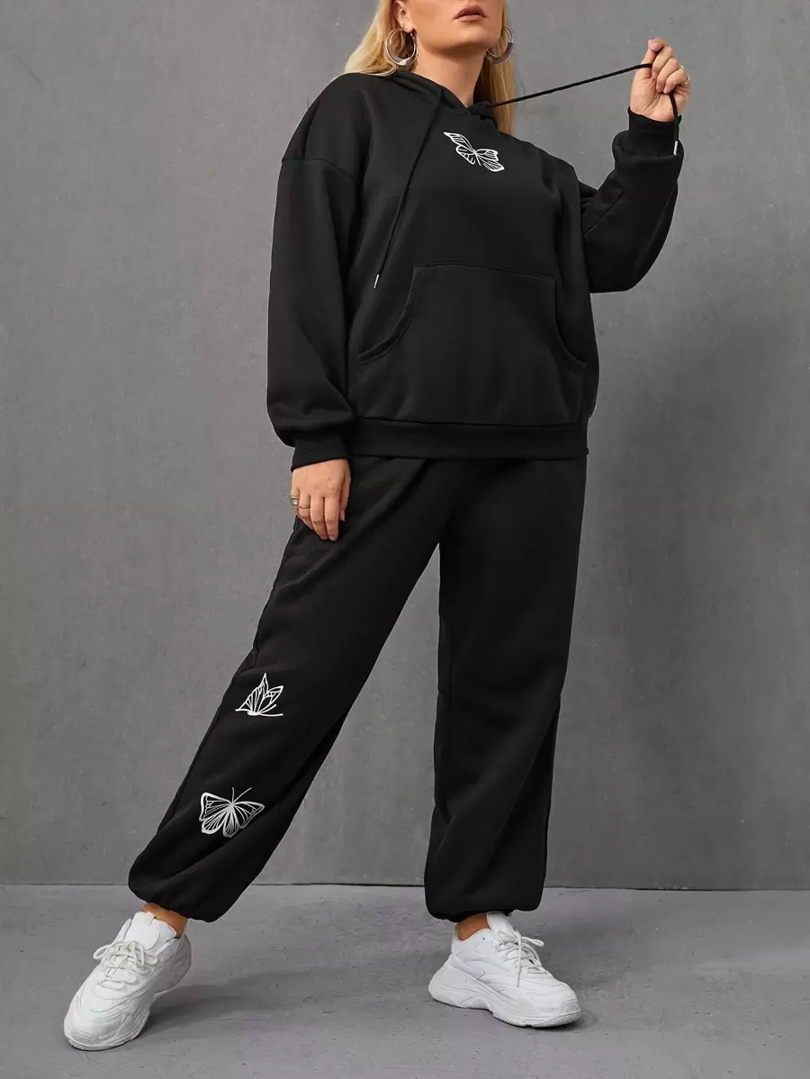 SHEIN EZwear Plus Butterfly Print Kangaroo Pocket Drop Shoulder Drawstring Hoodie & Sweatpants - Black - View 1