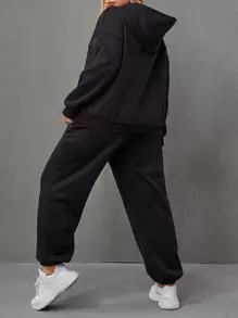 SHEIN EZwear Plus Butterfly Print Kangaroo Pocket Drop Shoulder Drawstring Hoodie & Sweatpants - Black - View 2