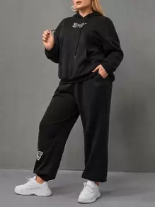 SHEIN EZwear Plus Butterfly Print Kangaroo Pocket Drop Shoulder Drawstring Hoodie & Sweatpants - Black - View 3