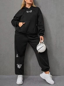 SHEIN EZwear Plus Butterfly Print Kangaroo Pocket Drop Shoulder Drawstring Hoodie & Sweatpants - Black - View 4