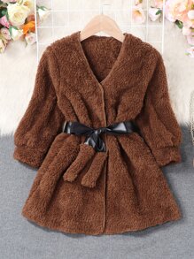 SHEIN Young Girl Solid Belted Teddy Coat - Brown - View 1