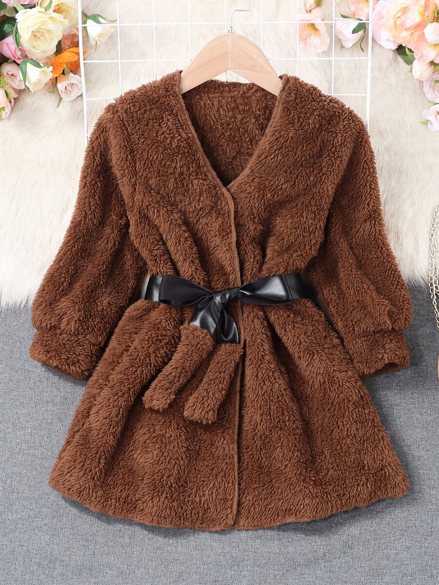 SHEIN Young Girl Solid Belted Teddy Coat - Brown - View 1