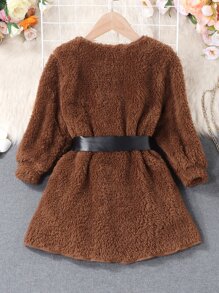 SHEIN Young Girl Solid Belted Teddy Coat - Brown - View 2