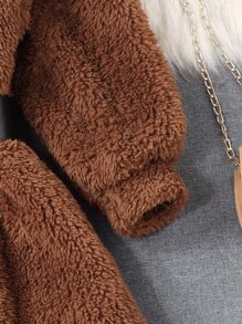 SHEIN Young Girl Solid Belted Teddy Coat - Brown - View 4