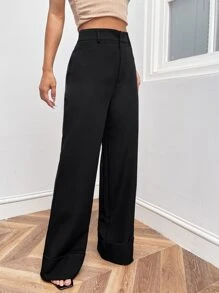 SHEIN Frenchy Solid Wide Leg Trousers - Black - View 4