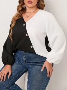 SHEIN LUNE Plus Two Tone Lantern Sleeve Blouse - Black - View 3