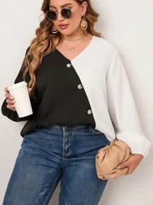 SHEIN LUNE Plus Two Tone Lantern Sleeve Blouse - Black - View 4