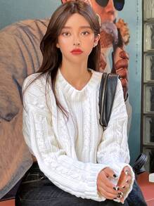 DAZY Suéter corto de punto texturizado, holgado y de cuello redondo, para mujer, de estilo minimalista para otoño/invierno - Blanco - Ver 3