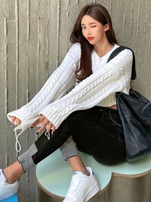 DAZY Suéter corto de punto texturizado, holgado y de cuello redondo, para mujer, de estilo minimalista para otoño/invierno - Blanco - Ver 7