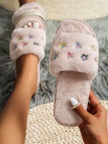 Fall/Winter Open-Toe Embroidered Women's Comfortable Slippers, Flat Shoes,Fluffy Slippers - Dusty Pink - View 1