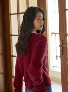 DAZY Pocket Patched Fuzzy Cardigan - Red - View 2