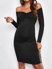 SHEIN Maternity Off Shoulder Ruched Bodycon Dress - Black - View 3