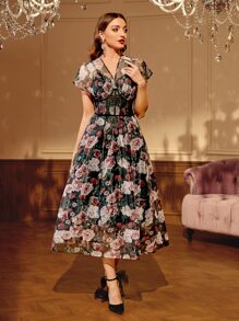 Modelyn V-neck Batwing Sleeve Floral Print Mesh Dress - Multicolor - View 2