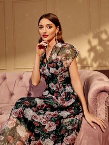 Modelyn V-neck Batwing Sleeve Floral Print Mesh Dress - Multicolor - View 7