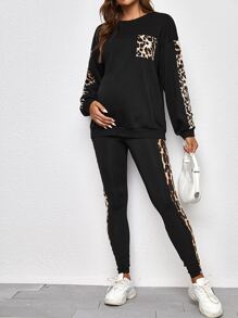 SHEIN Maternity Leopard Panel Drop Shoulder Sweatshirt - Black - View 5