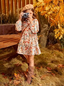 SHEIN Tween Girl燈籠袖荷葉邊卡通及花卉洋裝