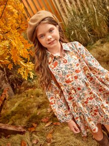 SHEIN Tween Girl燈籠袖荷葉邊卡通及花卉洋裝