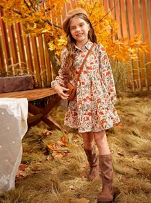 SHEIN Tween Girl燈籠袖荷葉邊卡通及花卉洋裝