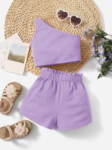 SHEIN Baby Girl One Shoulder Top & Paper Bag Waist Shorts - Lilac Purple - View 1