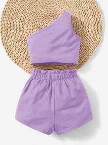 SHEIN Baby Girl One Shoulder Top & Paper Bag Waist Shorts - Lilac Purple - View 2