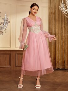 Modelyn Floral Print Mesh Overlay Dress - Baby Pink - View 2