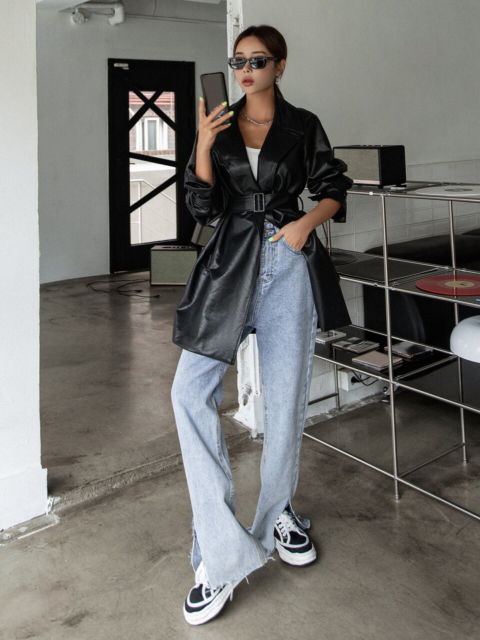 Open Front Belted PU Trench Coat Winter