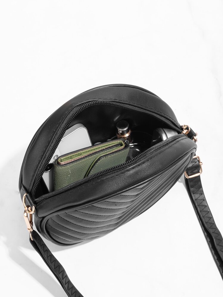 輕便商務休閒迷你 V 型絎縫圓形包適合青少年女孩女大學生、菜鳥和白領，非常適合辦公室、大學、工作、商務、通勤、戶外、旅行、郊遊 - 黑色 - 查看 4