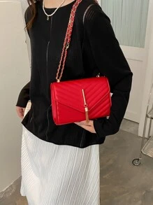 螢光紅鋸齒紋細節金屬流蘇裝飾翻蓋鏈條方包 - 紅色 - 查看 2