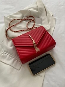 螢光紅鋸齒紋細節金屬流蘇裝飾翻蓋鏈條方包 - 紅色 - 查看 5