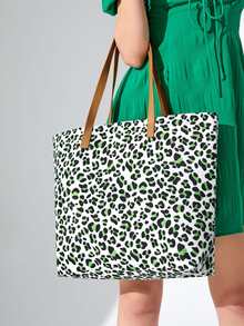 Leopard Print Shopper Bag - Green - View 2