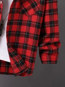 SHEIN 適合青少年男孩的襯衫,格子圖案帶前袋設計