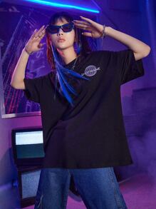 ROMWE Street Life Letter Graphic Oversized Tee, School, Unisex - Black - View 2