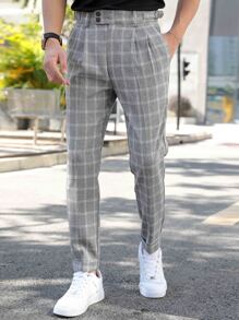 Manfinity Mode Men Suit Pants Nút Túi Sọc ca rô - Xám - Xem 4