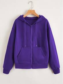 SHEIN Unity Zip Up Drop Shoulder Drawstring Thermal Hoodie - Violet Purple - View 1